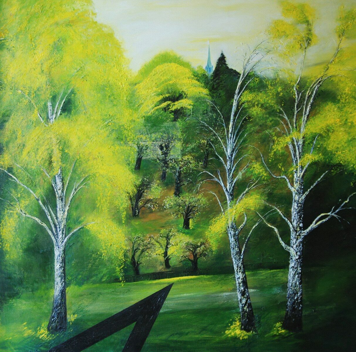 Abstract painting of a green landscape with trees